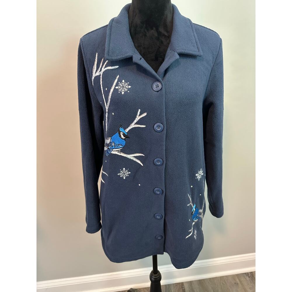 Quacker Factory Fleece Jacket Women L Blue Jay Bird Snowflake Winter Button